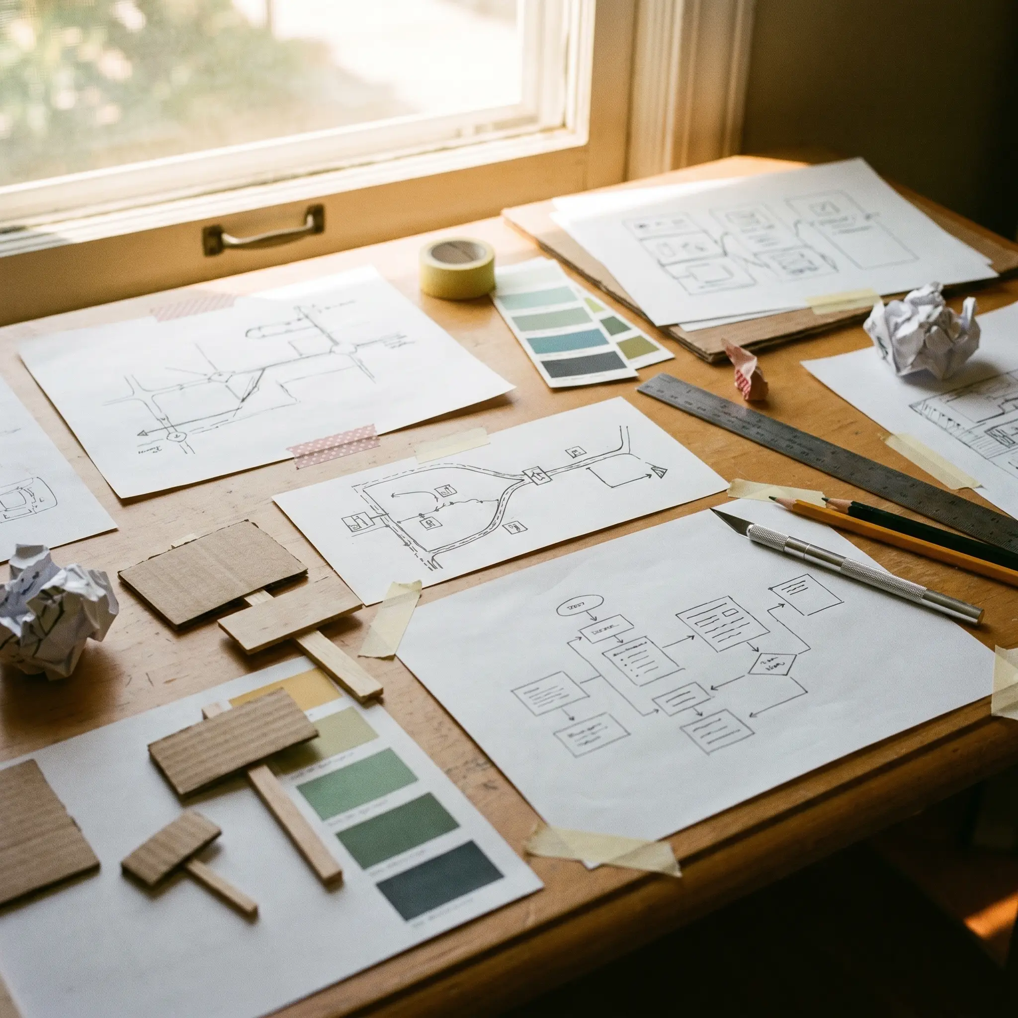 Designer table with wayfinding sketches, color swatches, and small sign mockups