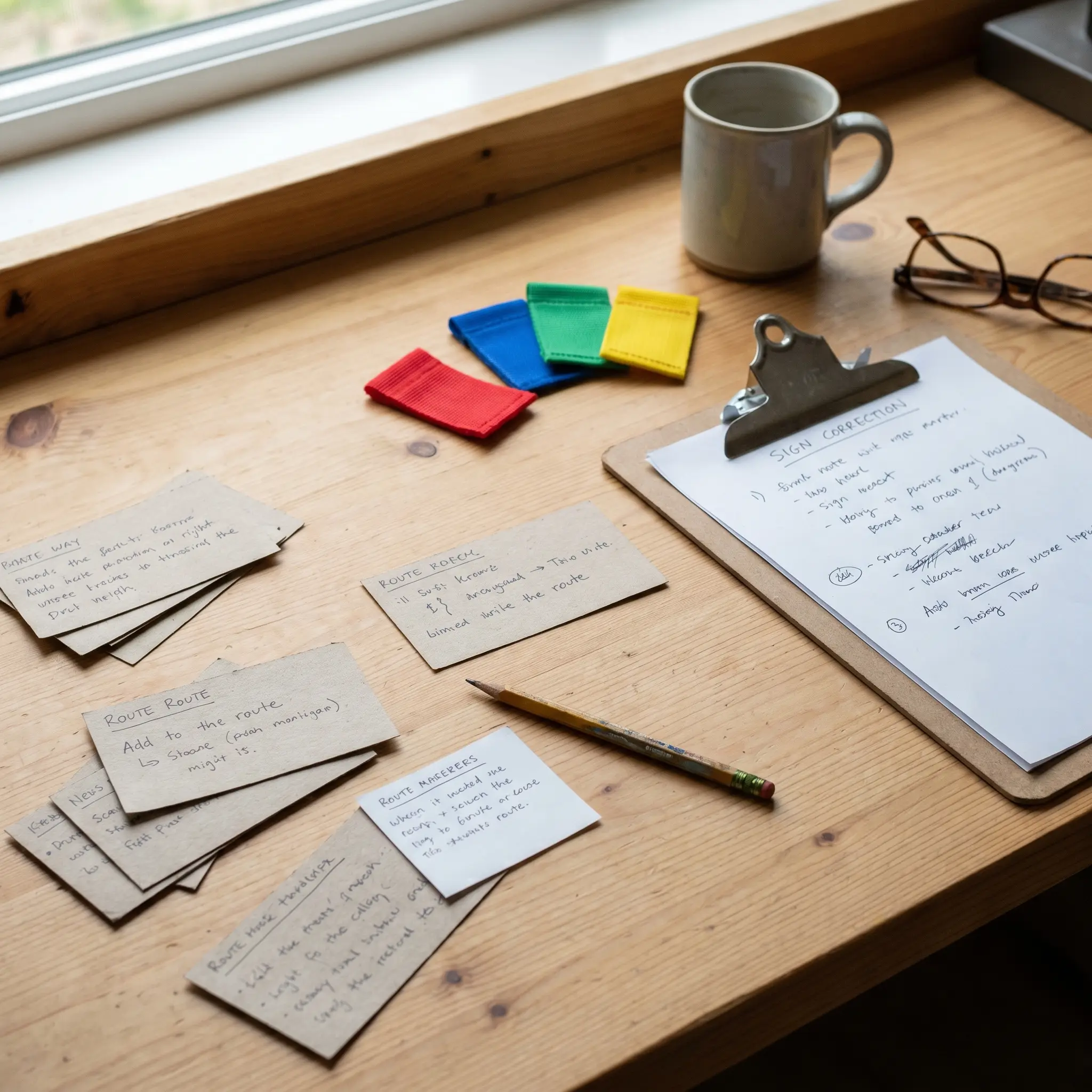 Small message slips beside colored route markers and a pencil