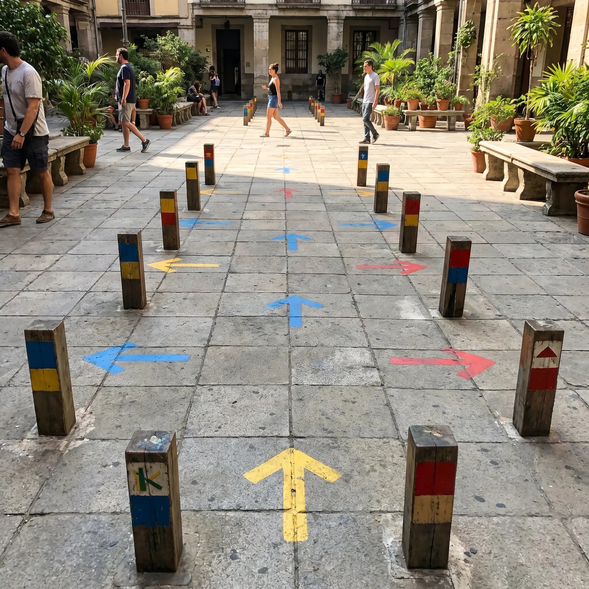 Painted wayfinding arrows and color-coded signs in a public courtyard