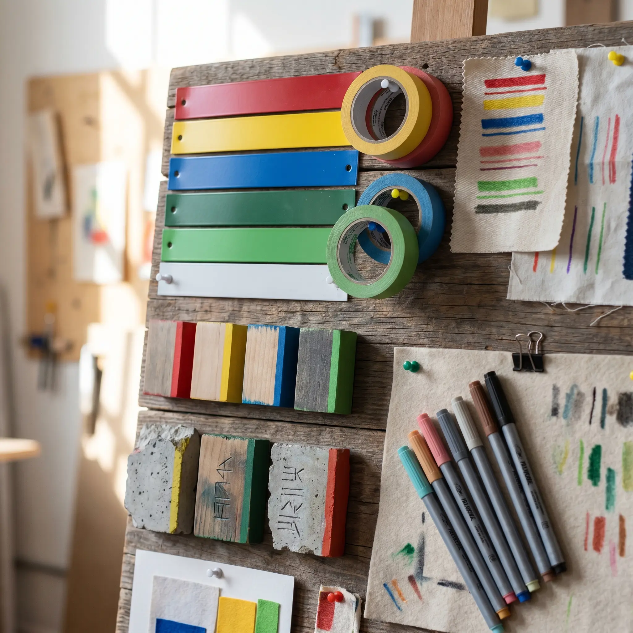Wayfinding material samples with paint, tape, fabric strips, and edge color tests