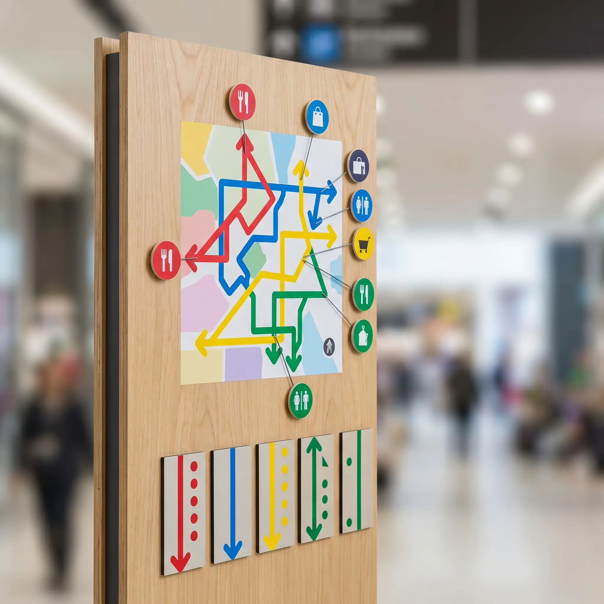 Annotated route board with arrows, floor marks, and color samples