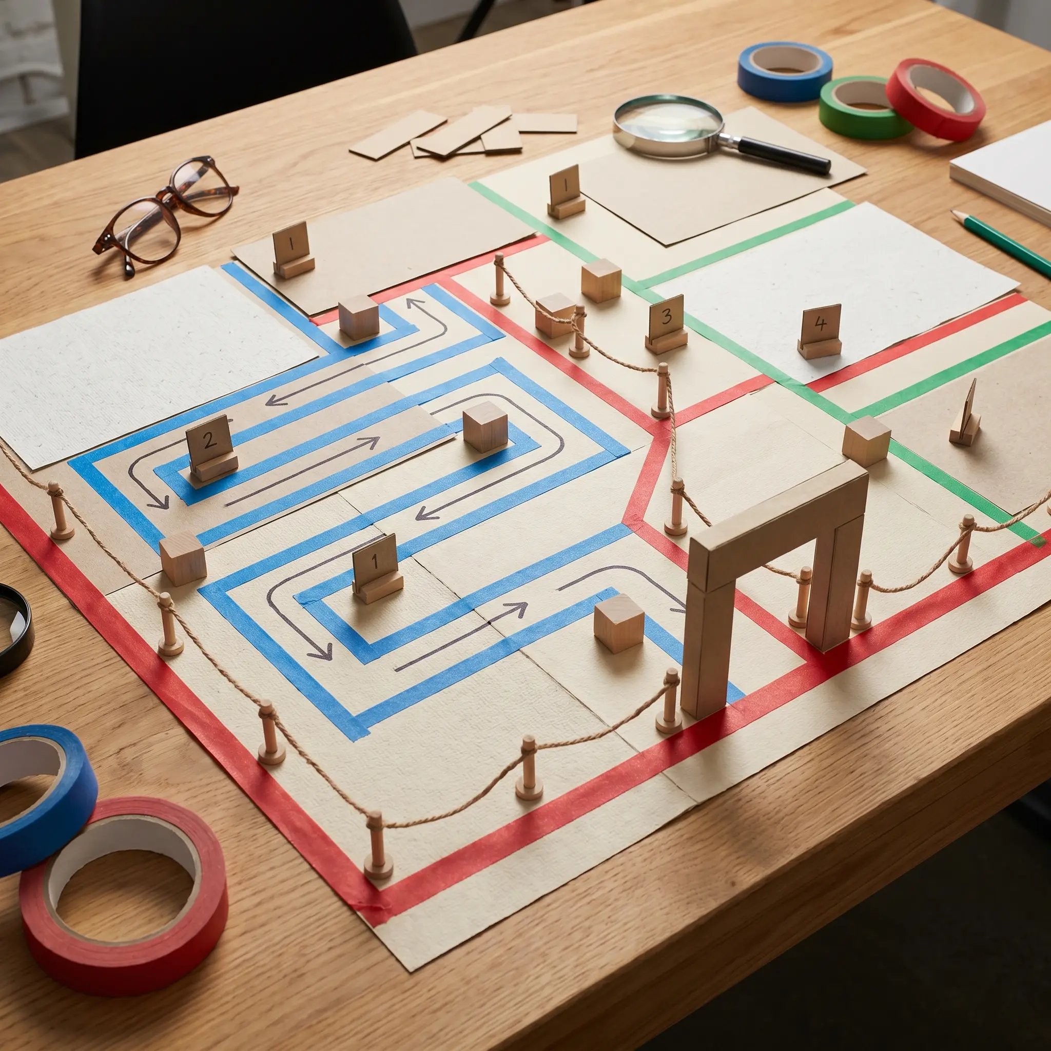 Large tabletop map with route tape, numbered decision points, and sign tests
